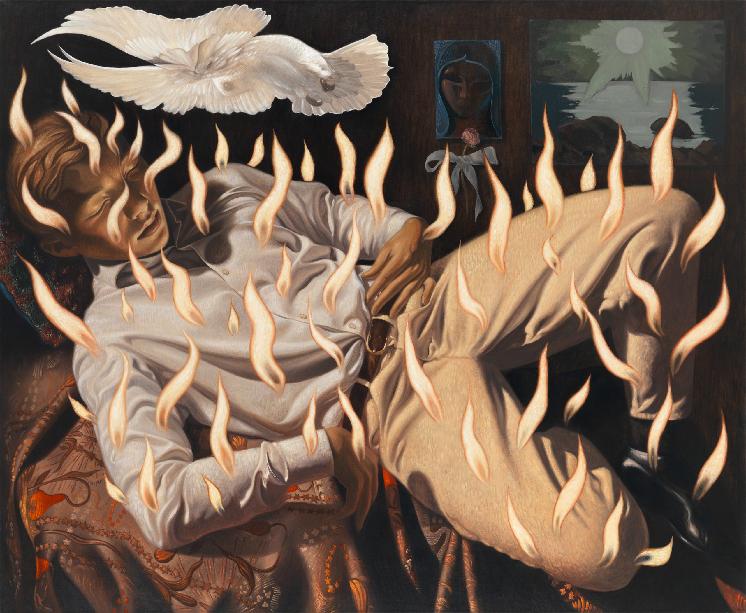 Painting by Dennis Scholl of a reclining figure covered in flames with a white dove floating over its head